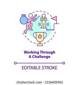 Working through challenge concept icon. Healthy child development sign abstract idea thin line illustration. Isolated outline drawing. Editable stroke. Arial, Myriad Pro-Bold fonts used