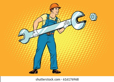 Working to tighten the screws. Pop art retro comic book vector illustration