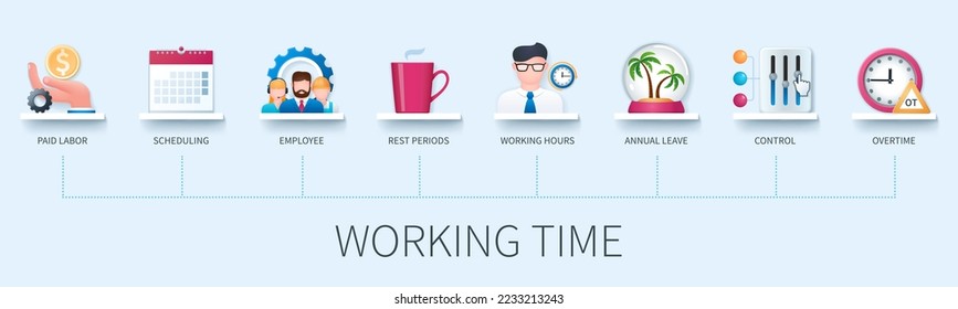 Working time banner with icons. Paid labor, scheduling, employee, rest periods, working hours, annual leave, control, overtime. Business concept. Web vector infographic in 3d style