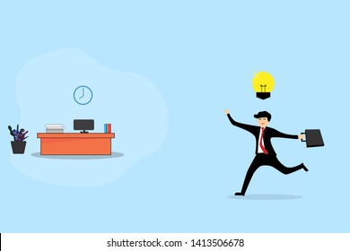 Working time concept. Businessman running enter in office.