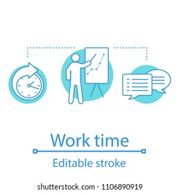 Working time concept icon. Presentation idea thin line illustration. Report. Conference. Vector isolated outline drawing. Editable stroke