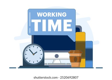 Working time concept. Time management. Scheduling work tasks, deadlines, working with computers. Work stress and work productivity. Optimizing business workflow. flat vector illustration.