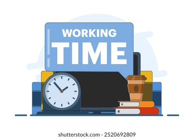 Working time concept. Time management. Scheduling work tasks, deadlines, working with computers. Work stress and work productivity. Optimizing business workflow. flat vector illustration.