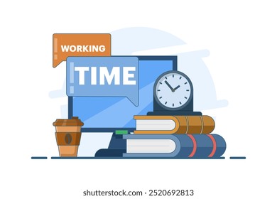 Concepto de tiempo de trabajo. Gestión del tiempo. Programación de tareas de trabajo, plazos, trabajo con ordenadores. Estrés laboral y productividad laboral. Optimización del flujo de trabajo empresarial. Ilustración vectorial plana.