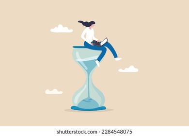 Working with time count down, project deadline or time management, urgent work, productivity or work efficiency concept, businesswoman working with computer laptop on time passing sandglass.