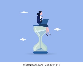 Working with time count down, project deadline or time management, urgent work, productivity or work efficiency concept, businesswoman working with computer laptop on time passing sandglass.