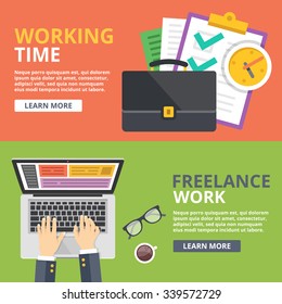 Working time, freelance work flat illustration concept set. Top view, front view banners. Flat design concepts for web banners, web sites, printed materials, infographics. Creative vector illustration
