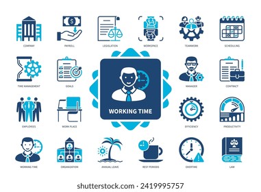 Working Time icon set. Paid labor, Scheduling, Employees, Coffee Time, Time Management, Annual Leave, Legislation, Overtime. Duotone color solid icons