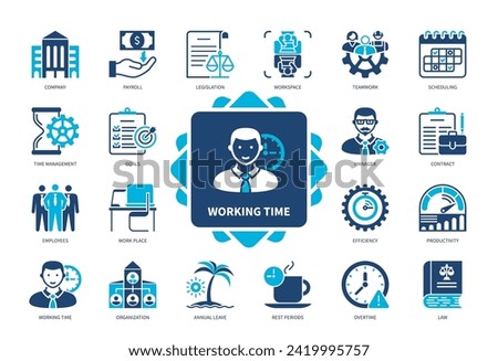 Working Time icon set. Paid labor, Scheduling, Employees, Coffee Time, Time Management, Annual Leave, Legislation, Overtime. Duotone color solid icons