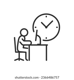 Working time, linear icon, person at a computer with monitor and hours. Line with editable stroke