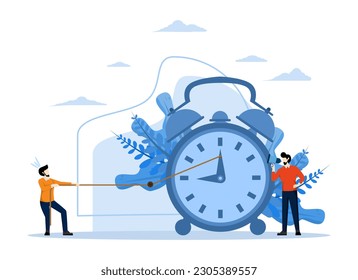 working time management concept, alarm clock goes off on a white background, quick response to awaken time back vector transfer, flat design modern illustration