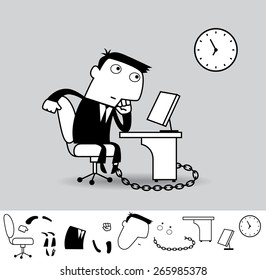 Working time and office slave. Business illustration (EPS 8). Animation friendly: the elements (legs, arms, heads etc) are in the separate layers. 