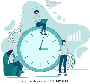 Working Time. People Calculate Hours Of Productivity, Efficient Workflows. Time Management And Time Control. Calculation Of Hours Worked. Flat Vector Illustration In Hand Drawn Style.