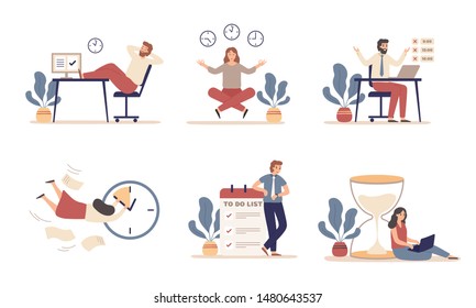 Working Time Planning. Work Schedule, Organize Works Productivity And Tasks Time Management. Office Work Time Activities, It Team Productive Deadline Plan. Flat Isolated Icons Vector Illustration Set