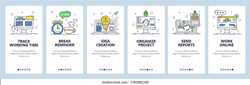 Working time tracking app. Organize project, track work hours, share reports break reminder. Mobile app screens. Vector banner template for website and mobile development. Web site design illustration