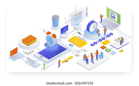 Working time tracking app. Workload management, flat vector isometric illustration.