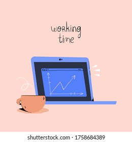 Working time. Vector illustration top view of people work or relax at home using computer