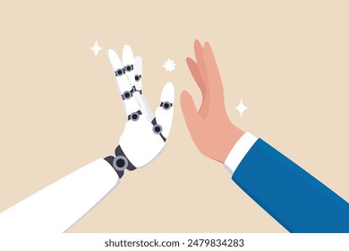 Working together with AI Artificial Intelligence, human cooperate with machine or robot, AI help or support coworker, assistance or partnership concept, businessman hand high five with robot hand.