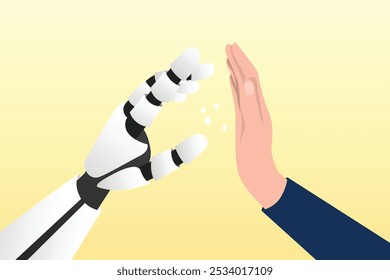 Trabajando junto con la inteligencia artificial de la IA, los humanos cooperan con la máquina o el robot, la ayuda de la IA o la Asistencia del compañero de trabajo, la asistencia o el concepto de la sociedad, la mano del hombre de negocios alta cinco con la mano del robot
