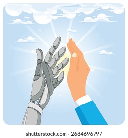 Trabalho em conjunto com o conceito de inteligência artificial da IA.  Empresários apertam a mão com robôs, trabalhando em conjunto com Inteligência Artificial de IA.
