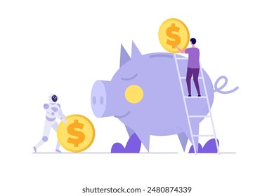 Working together with ai, teamwork  with artificial intelligence concept. Vector illustration.