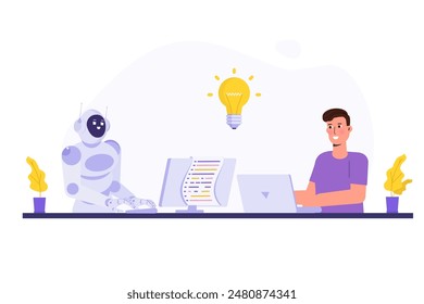 Trabajando junto con la IA, el trabajo en equipo con el concepto de inteligencia artificial. Ilustración vectorial.