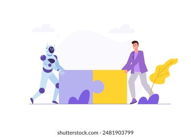 Zusammenarbeit mit KI, Teamarbeit mit Künstlicher Intelligenz Konzept. Vektorillustration.