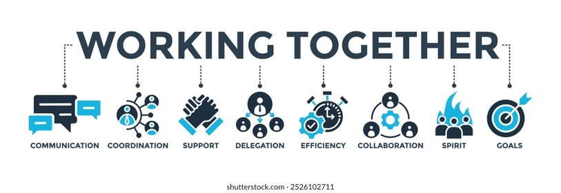 Working together banner concept with icon of communication, coordination, support, delegation, efficiency, collaboration, teamwork, spirit, and goals. Web icon vector illustration
