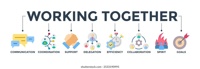 Trabajando juntos el concepto de Anuncio con ícono de comunicación, coordinación, Asistencia, delegación, eficacia, colaboración, trabajo en equipo, espíritu y metas. Ilustración vectorial de icono de Web
