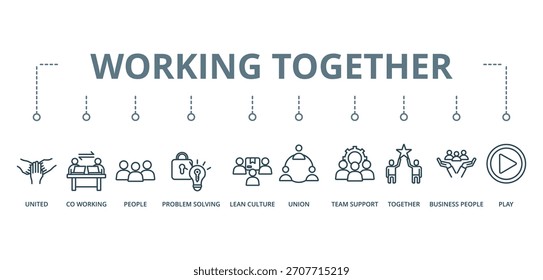 working together banner icon concept with icon of united, co working, people, problem solving, lean culture, union, team support, together, business people, and play









