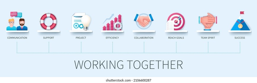 Working together banner with icons. Communication, support, project, efficiency, collaboration, reach goals, team spirit, success. Business concept. Web vector infographic in 3D style