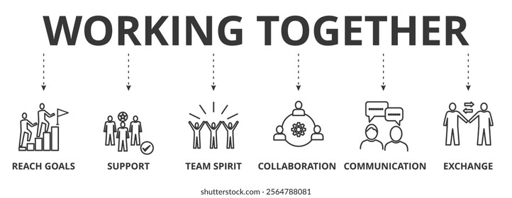 Working together banner vector illustration concept with icons of reach goal, support, team spirit, collaboration, communication, exchange