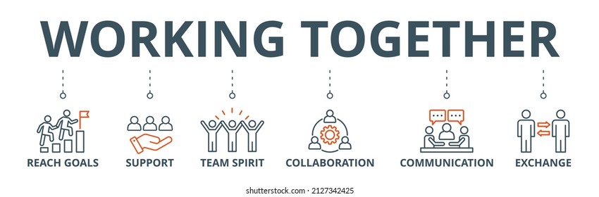 Working Together Banner Web Icon Vector Illustration Concept For Team Management With An Icon Of Collaboration, Reach Goals, Team Spirit, Support, Communication, And Exchange