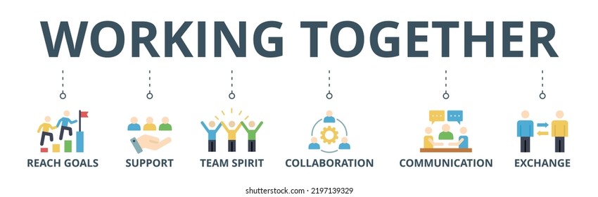 Trabajar juntos el concepto de ilustración vectorial de íconos web de banners para la gestión de equipos con un icono de colaboración, alcanzar objetivos, espíritu de equipo, apoyo, comunicación e intercambio