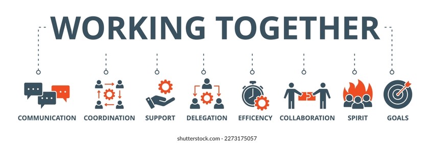 Working together banner web icon vector illustration concept with icon of communication, coordination, support, delegation, efficiency, collaboration, teamwork, spirit, goals