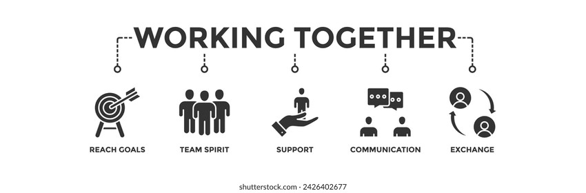 Trabajando juntos banner web icono vector concepto de ilustración para la gestión de equipos con un icono de colaboración, alcanzar objetivos, espíritu de equipo, apoyo, comunicación e intercambio	