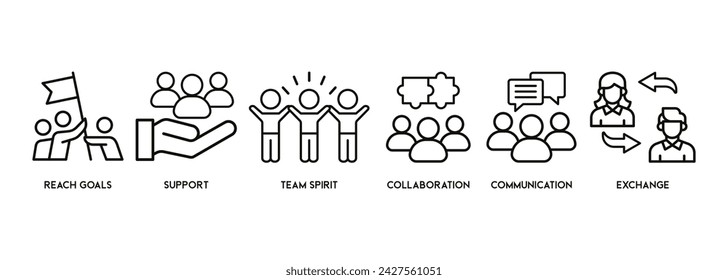 Trabajando juntos banner web icono vector concepto de ilustración con icono de comunicación, coordinación, apoyo, delegación, eficiencia, colaboración, trabajo en equipo, espíritu, objetivos
