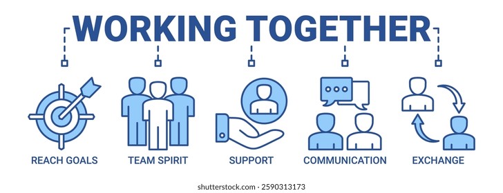 Working together banner web icon vector illustration concept for team management with an icon of collaboration, reach goals, team spirit, support, communication, and exchange icons outline blue color.