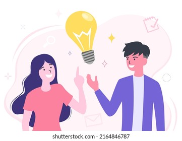 Working together brings new ideas, brainstorming, creative idea. Light bulb as a symbol of new idea. business concept illustration.