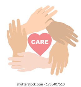 Working together for charity concept. People's hands united around heart with word CARE, isolated vector illustration in flat style
