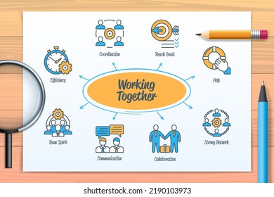 Working Together Chart With Icons And Keywords. Communication, Support, Coordination, Efficiency, Collaboration, Strong Network, Reach Goals, Team Spirit. Web Vector Infographic