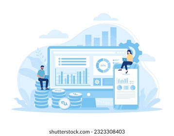 Working together with computer screen concept trending flat illustration