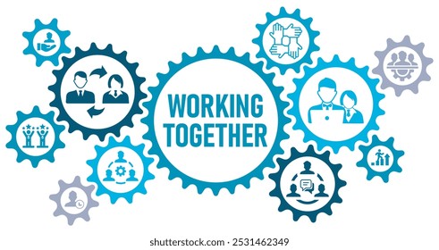 Working together concept banner web website icons vector illustration with an icons of reach goals, support, team spirit, collaboration, communication, exchange, on white background, solid icons,