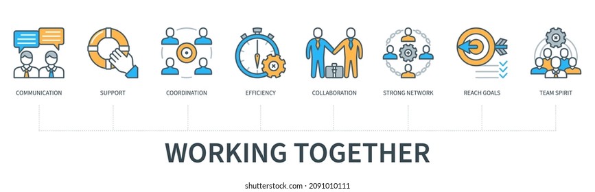 Working Together Concept With Icons. Communication, Support, Coordination, Efficiency, Collaboration, Strong Network, Reach Goals, Team Spirit. Web Vector Infographic In Minimal Flat Line Style