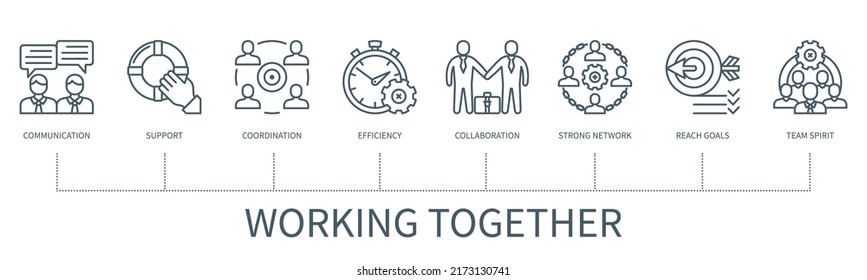 Working Together Concept With Icons. Communication, Support, Coordination, Efficiency, Collaboration, Strong Network, Reach Goals, Team Spirit. Web Vector Infographic In Minimal Outline Style