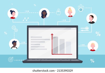 Trabajando juntos en el concepto. Portátil con avatares de usuario, almacenamiento de archivos en Internet y en la nube. Trabajo conjunto sobre proyectos, empleados remotos, colegas y tecnologías modernas. Dibujo vectorial plano de dibujos animados