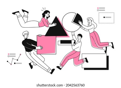 Working together concept. Men and women hold different geometric shapes. Teamwork of employees. Creative thinking and achieving goals. Cartoon flat vector illustration isolated on white background