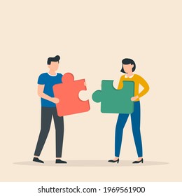 Trabajando juntos, cooperación, asociación. Hombre y mujer con piezas de rompecabezas trabajando juntos. Concepto de negocio. Metáfora de trabajo en equipo. Ilustración del vector