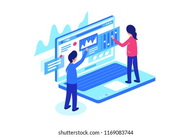Working together with data on laptops. Vector illustration