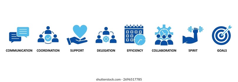 En Blue Style, Ilustración vectorial para la comunicación, coordinación, Asistencia, delegación, eficacia, colaboración, trabajo en equipo, espíritu, metas